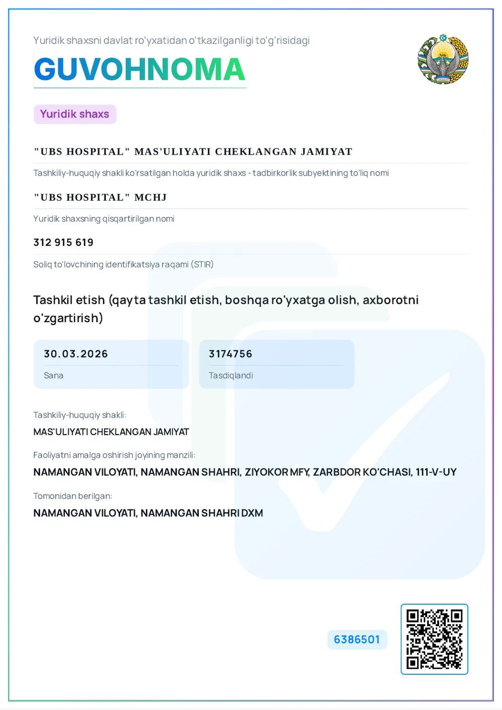 Davlat ro‘yxatidan o‘tganlik guvohnomasi